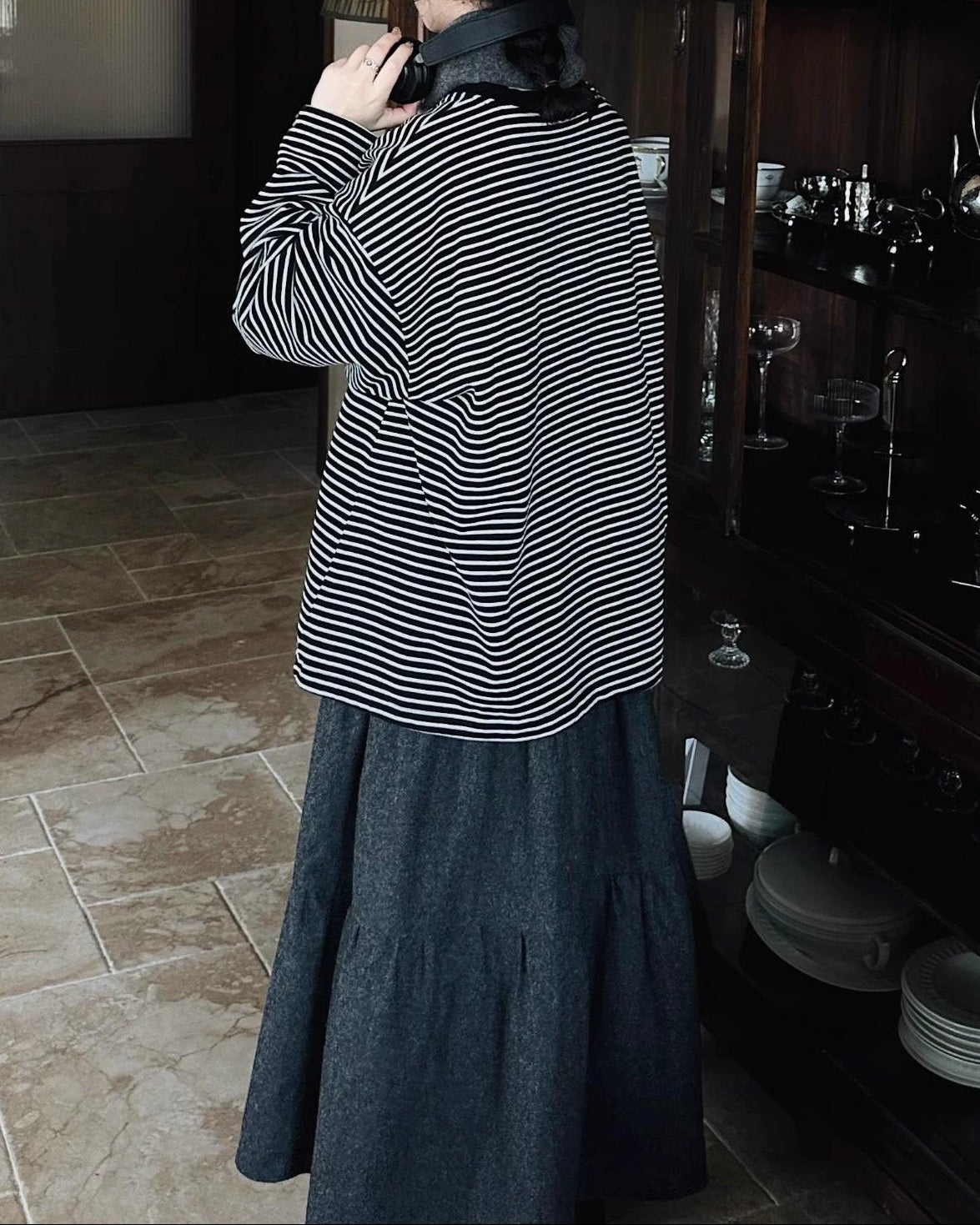 ラウンドネックストライプオーバーカットソー 10038