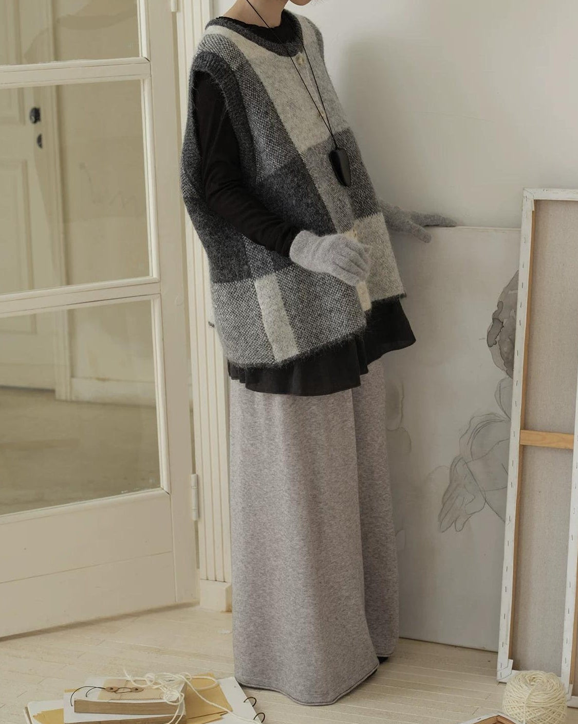 チェックニットレイヤードベスト 10197