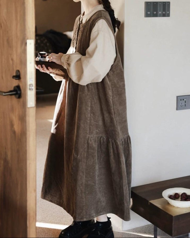 レースコーデュロイハイウエストベストワンピース 10072