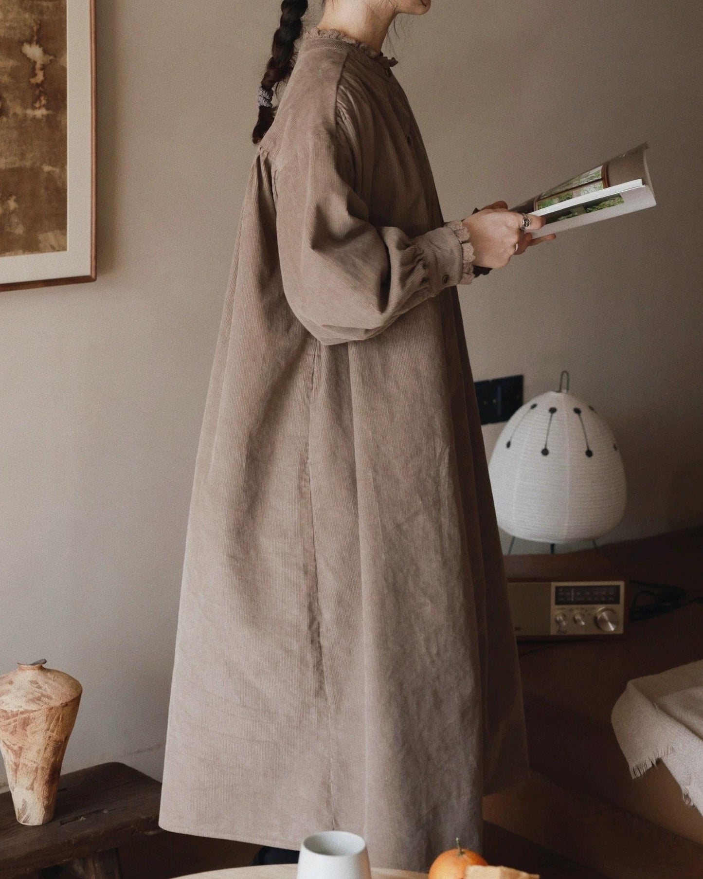 フリルネックコーデュロイシャツワンピース 10063