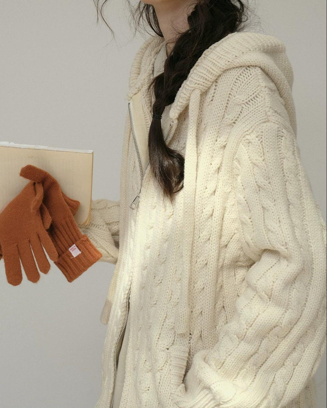 コージーケーブルフードジップカーディガン 10178