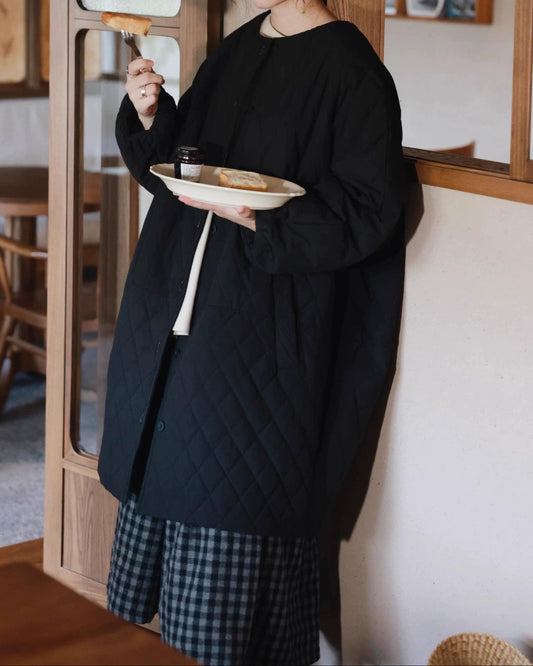 ノーカラーレトロダイヤモンドキルティングロングコート 10006