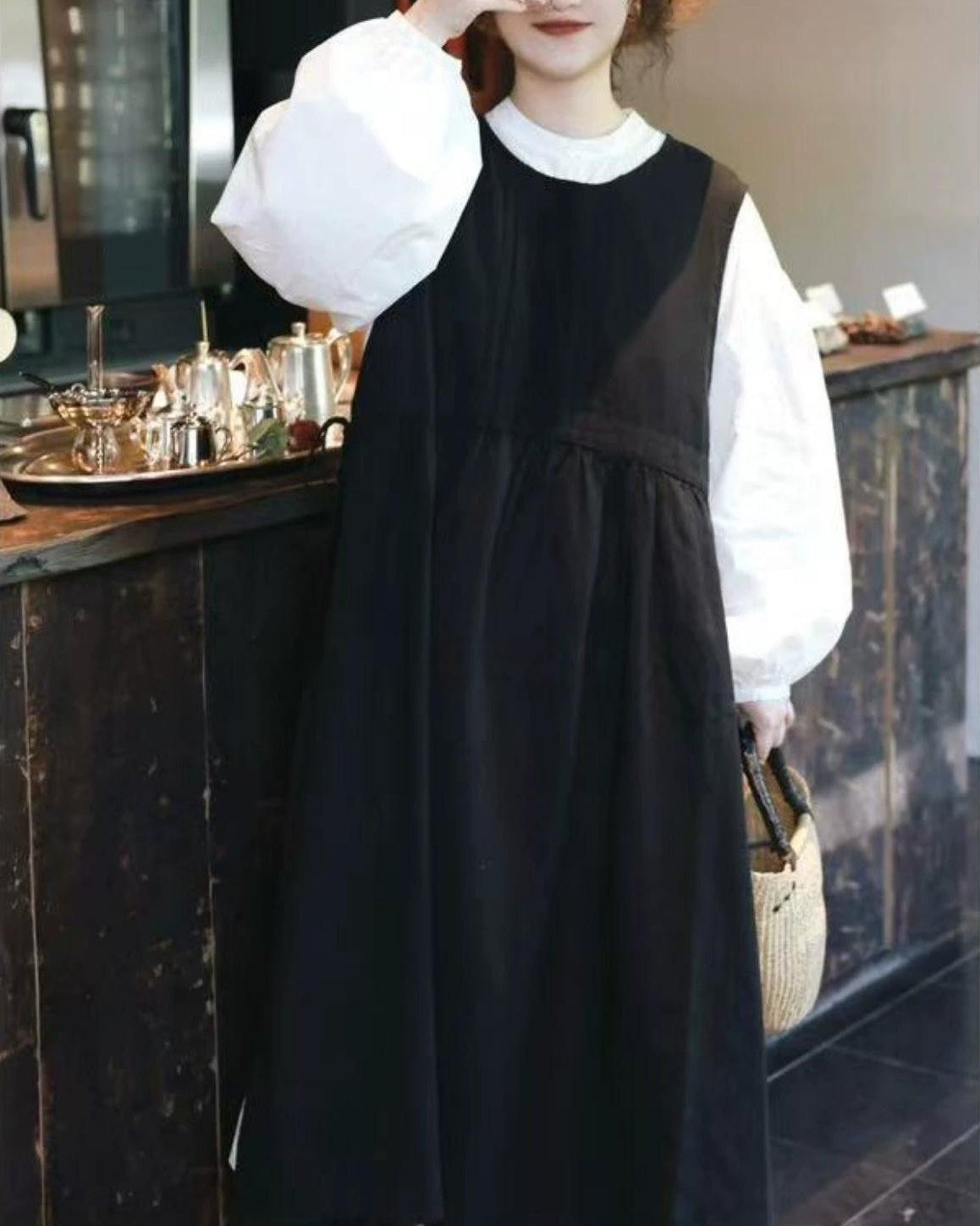 バンドカラーハーフボタンレトロワンピース 10017