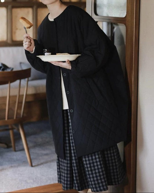 ノーカラーレトロダイヤモンドキルティングロングコート 10006