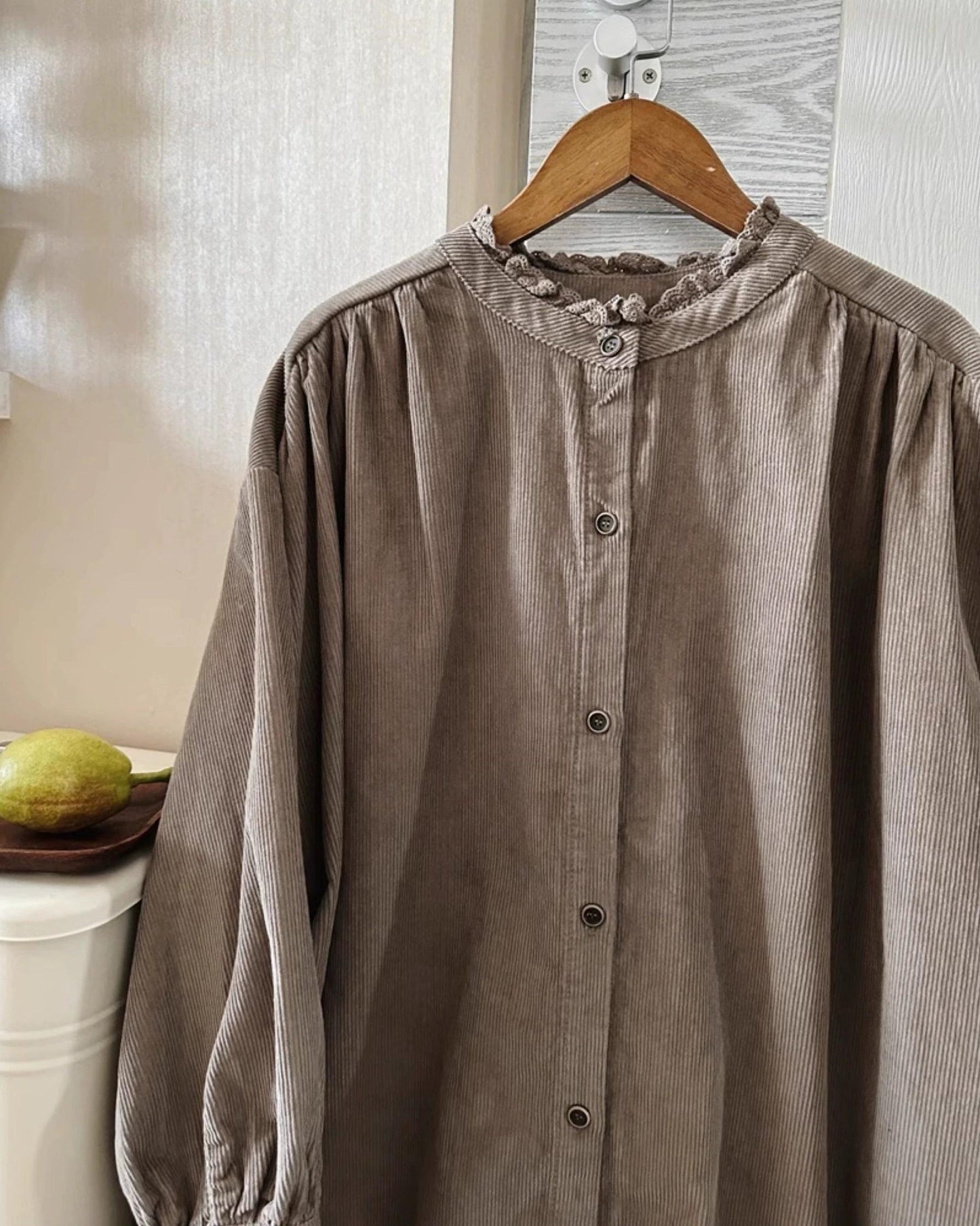 フリルネックコーデュロイシャツワンピース 10063