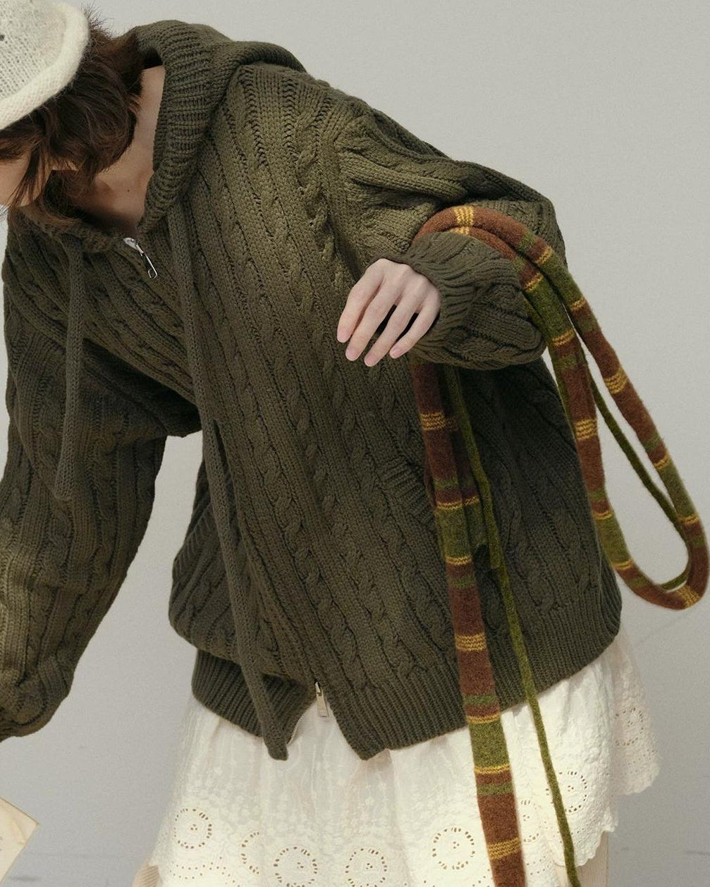 コージーケーブルフードジップカーディガン 10178