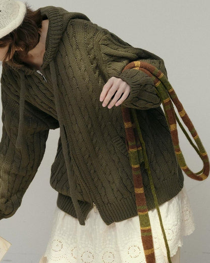 コージーケーブルフードジップカーディガン 10178