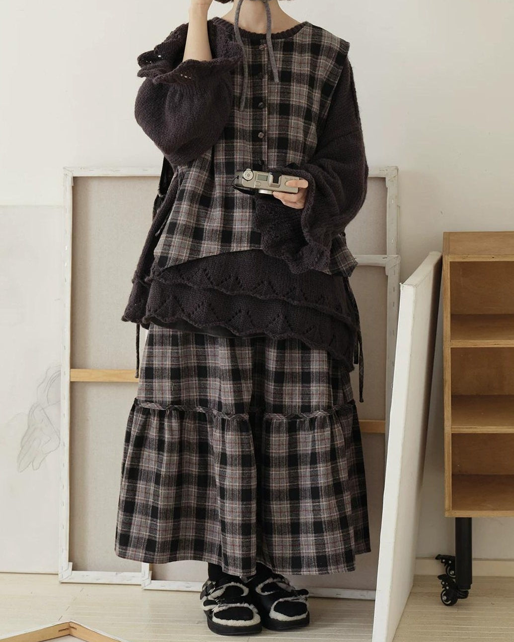 ノルディックレトロチェックフレアロングスカート 10190