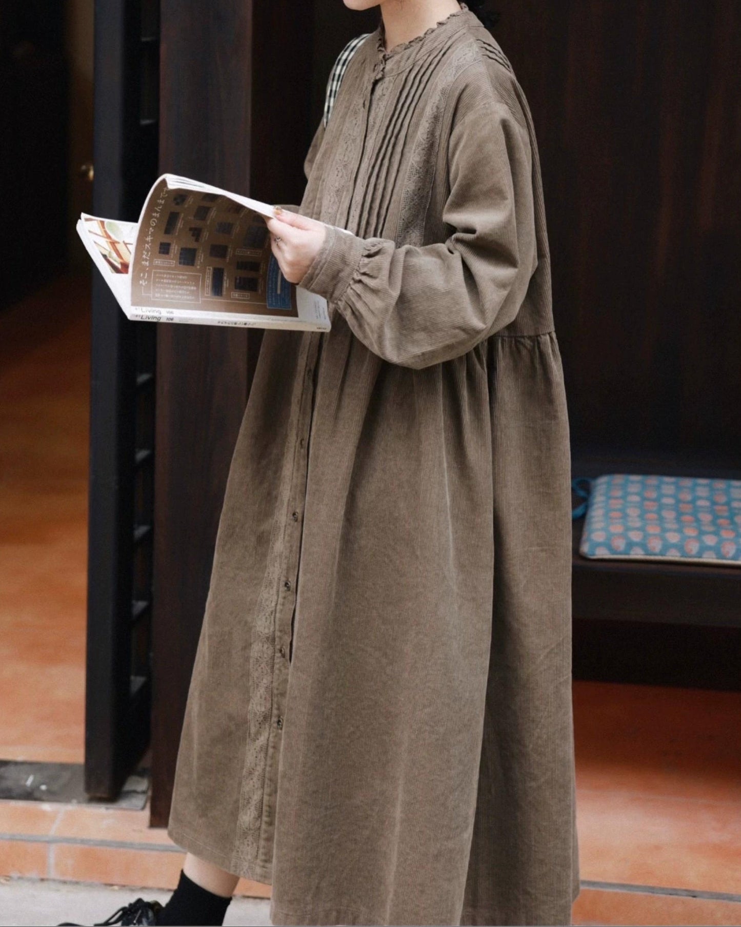 コーデュロイフレアレースワンピース 10002