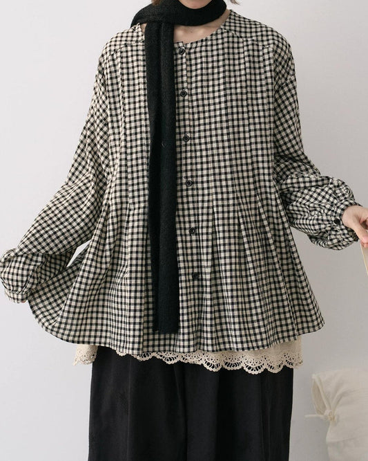 ナチュラルチェック ノーカラーフレアトップス 10230