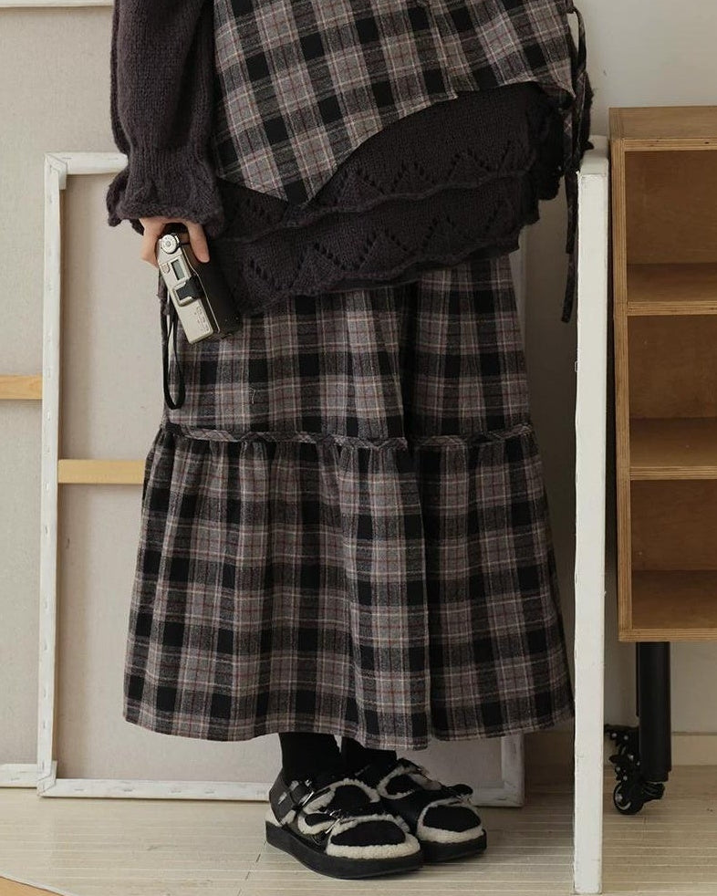 ノルディックレトロチェックフレアロングスカート 10190