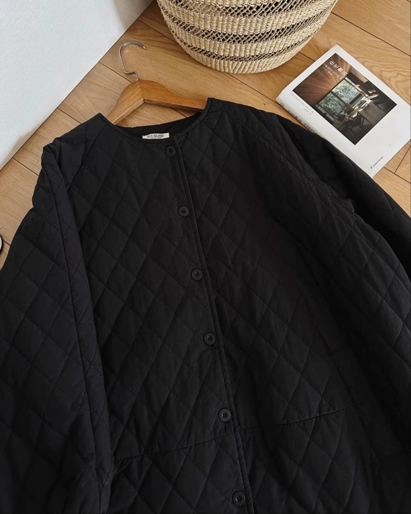 ノーカラーレトロダイヤモンドキルティングロングコート 10006