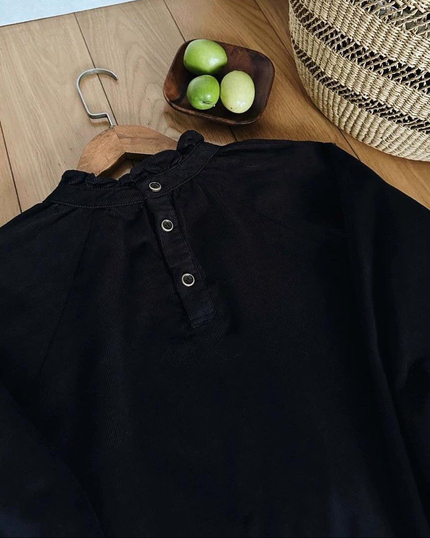 フリルネックバックボタンブラウス 10010