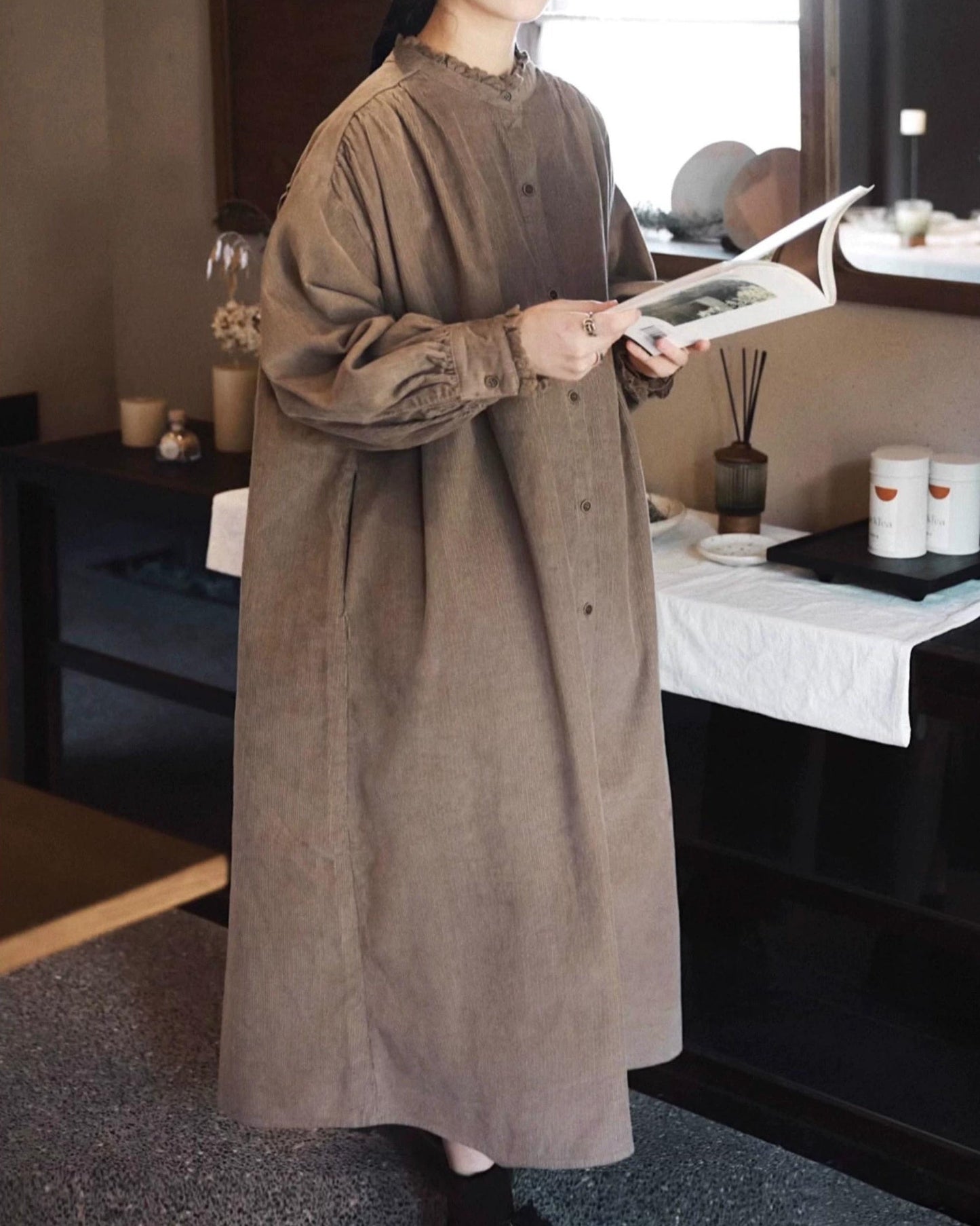 フリルネックコーデュロイシャツワンピース 10063