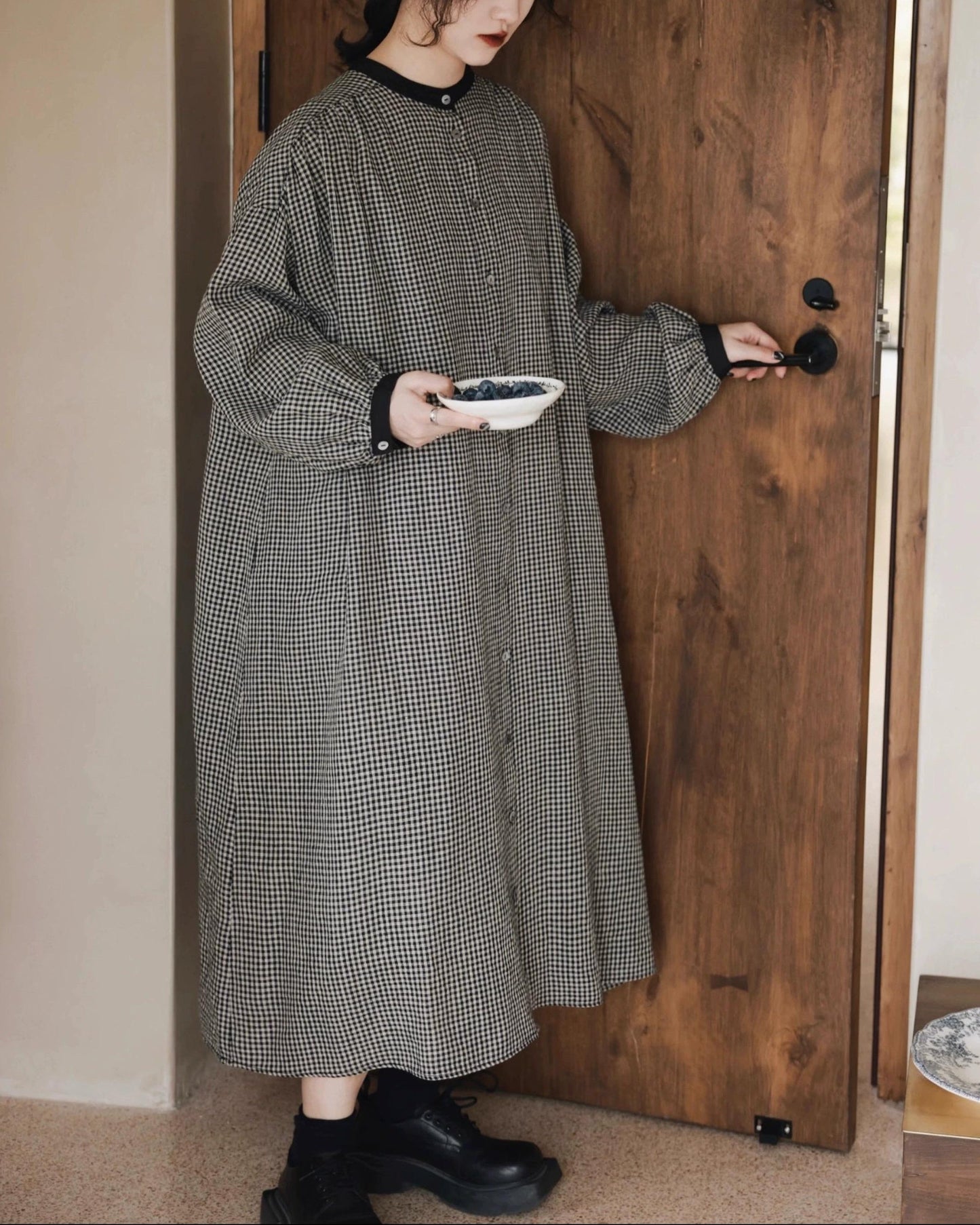 バイカラーチェック柄シャツワンピース 10026