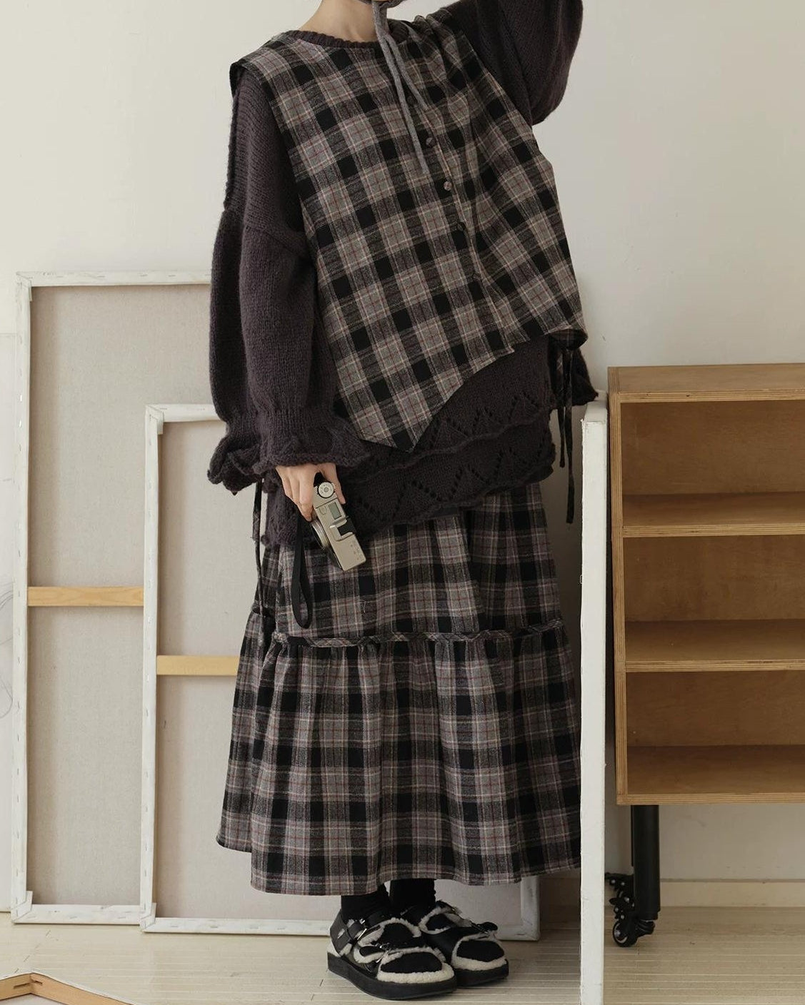 ノルディックレトロチェックフレアロングスカート 10190