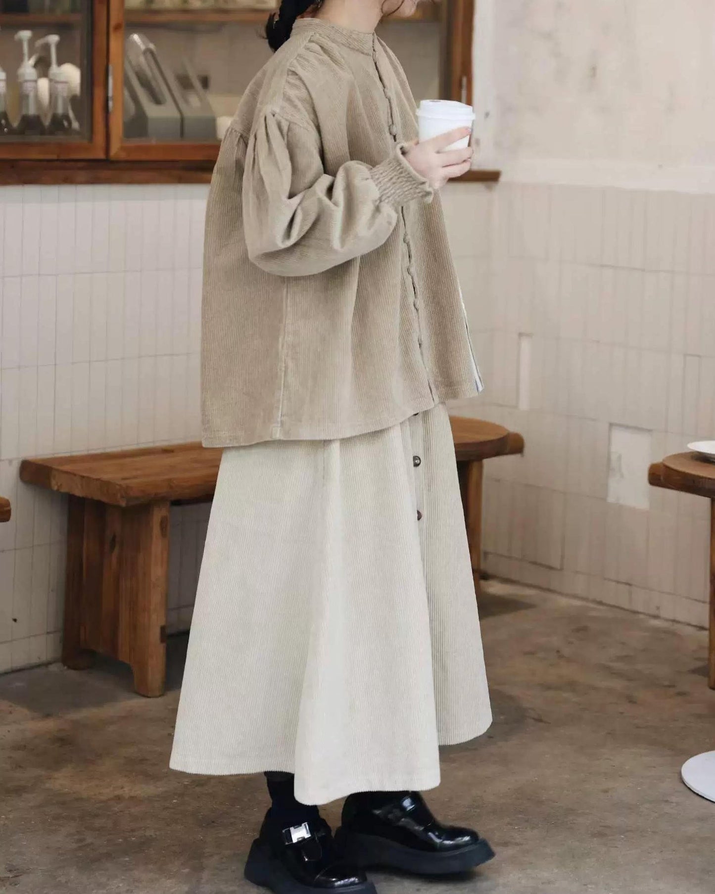 ナチュラルコーデュロイ ボタンミディスカート 10104