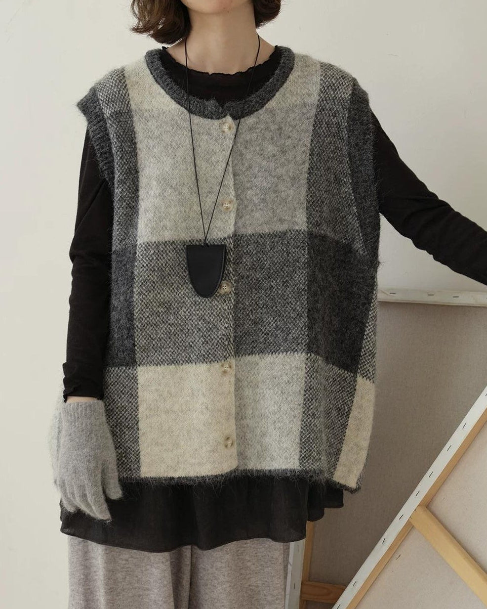 チェックニットレイヤードベスト 10197