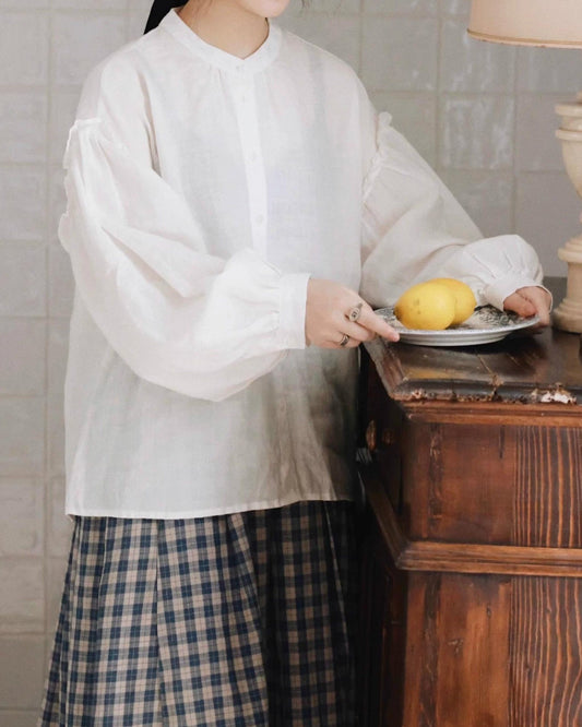 バンドカラーパフスリーブフリルブラウス 10004