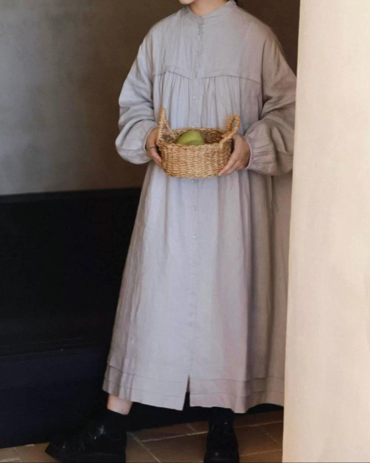 バンドカラープリーツフレアシャツワンピース 10021