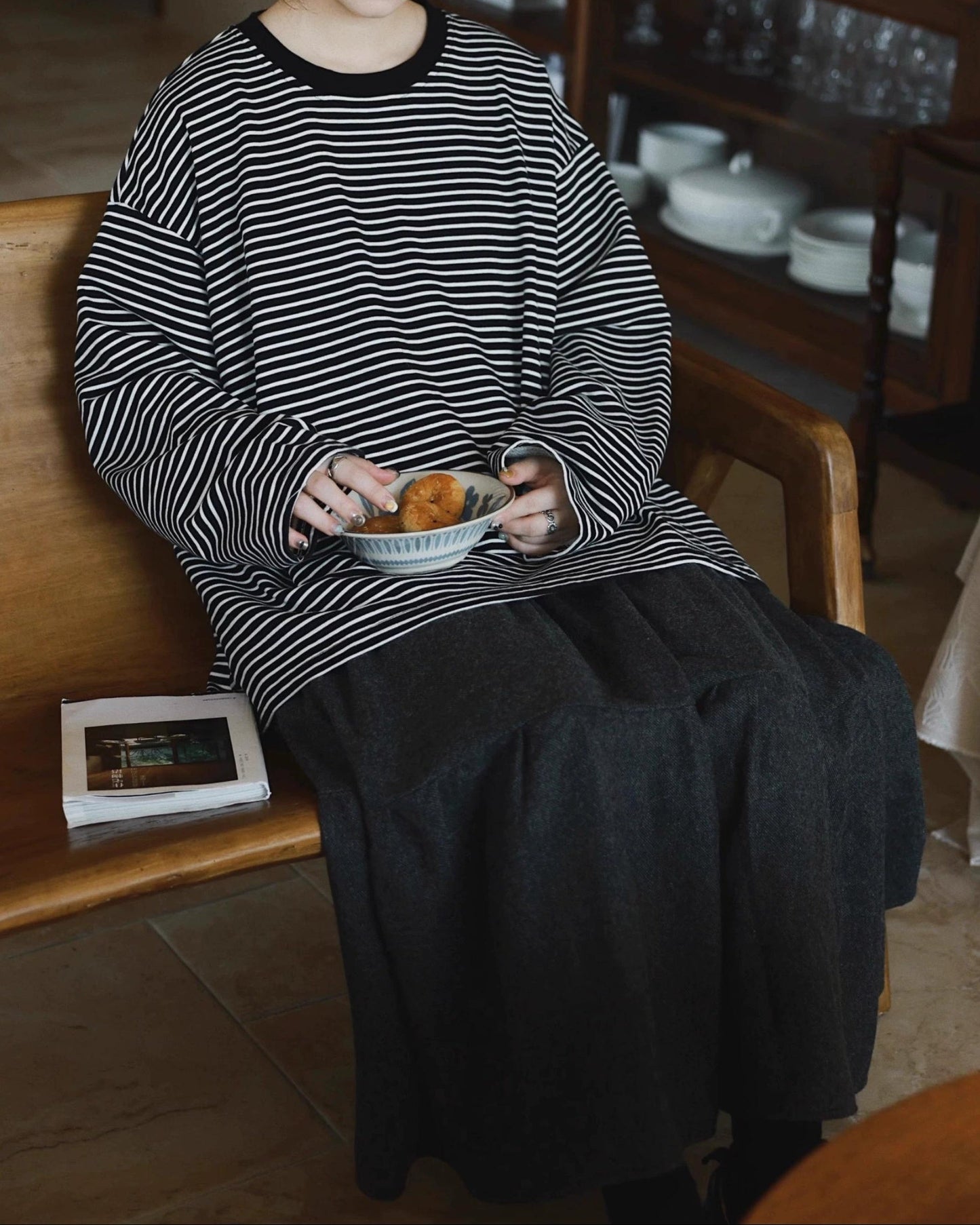 ラウンドネックストライプオーバーカットソー 10038