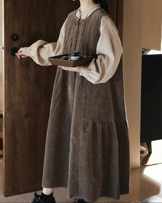 レースコーデュロイハイウエストベストワンピース 10072