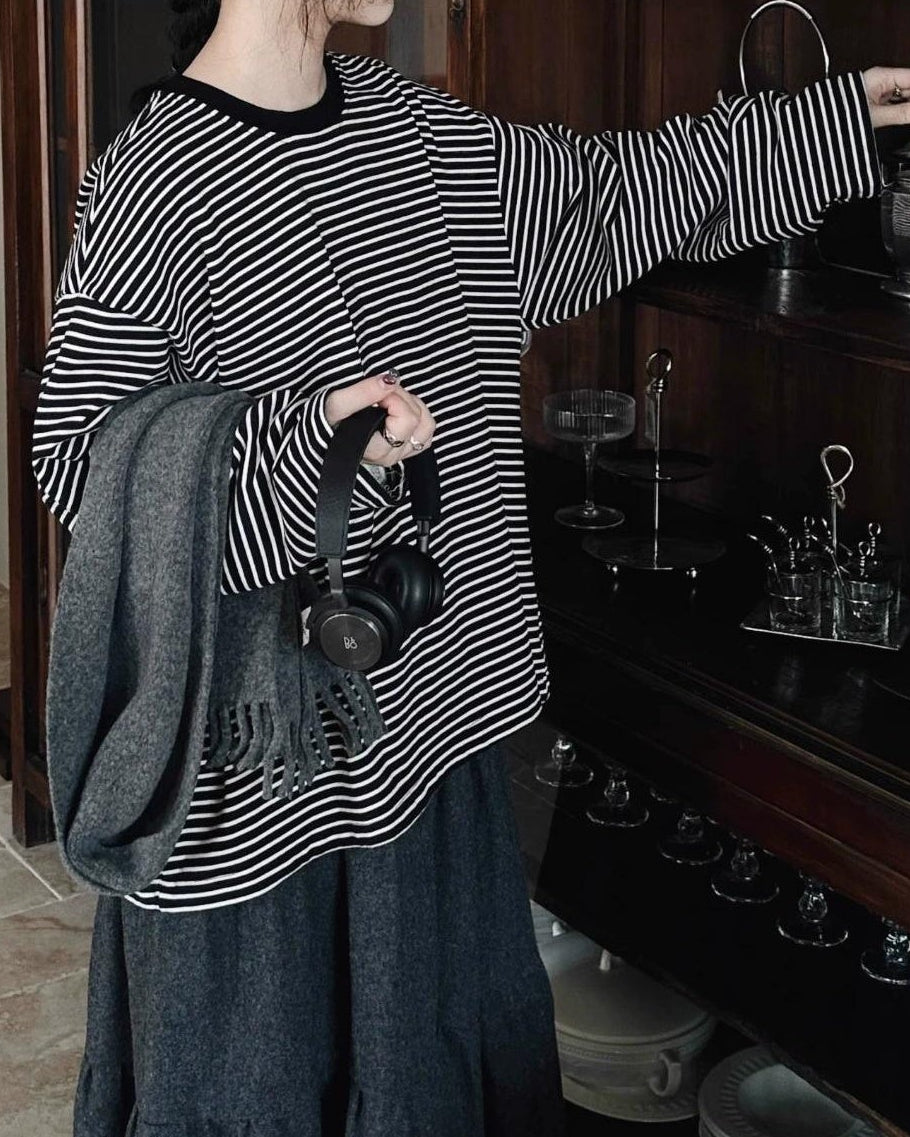 ラウンドネックストライプオーバーカットソー 10038