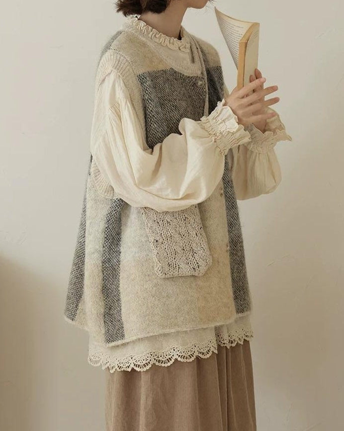 チェックニットレイヤードベスト 10197