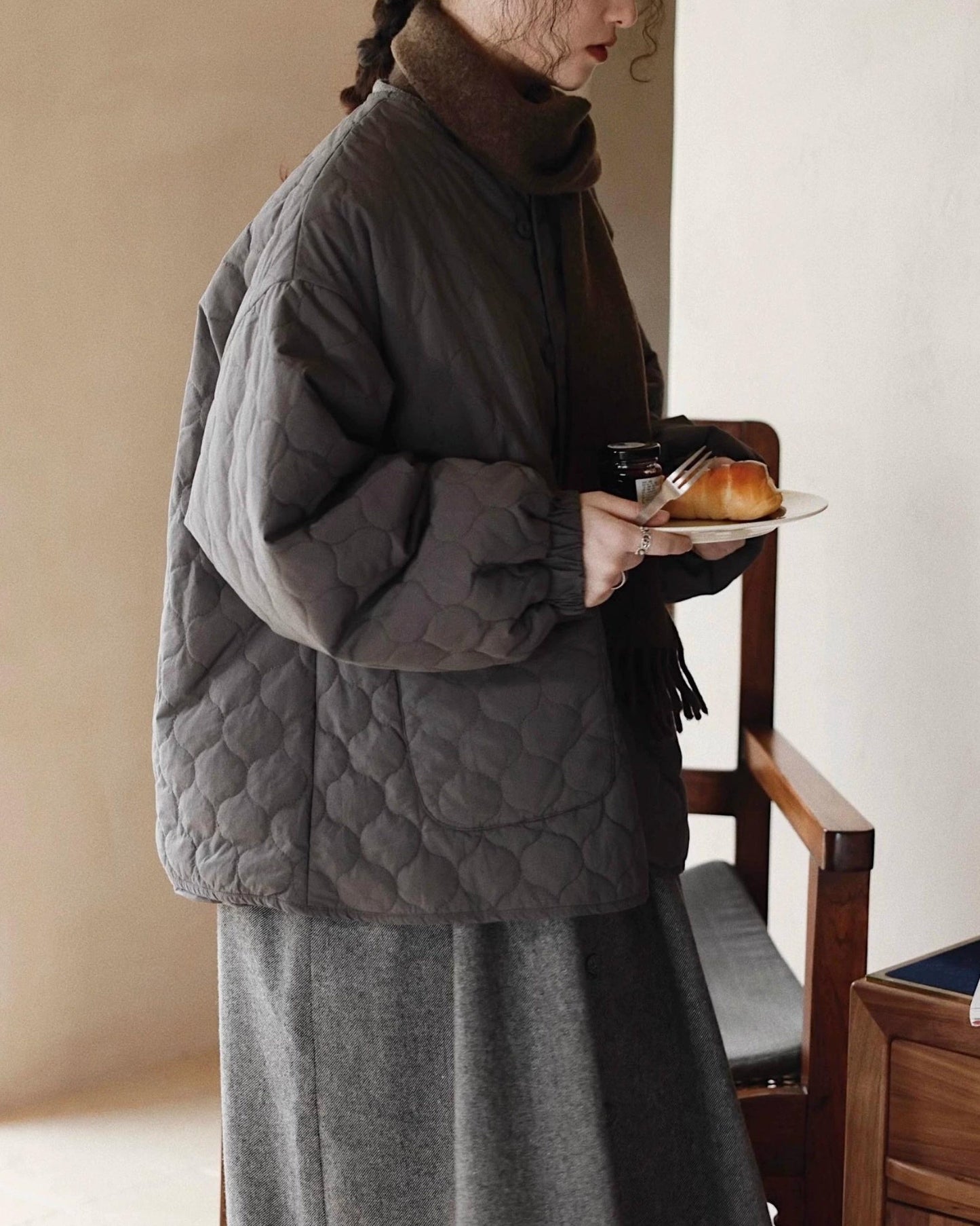 ノーカラーキルティングショートコート 10008