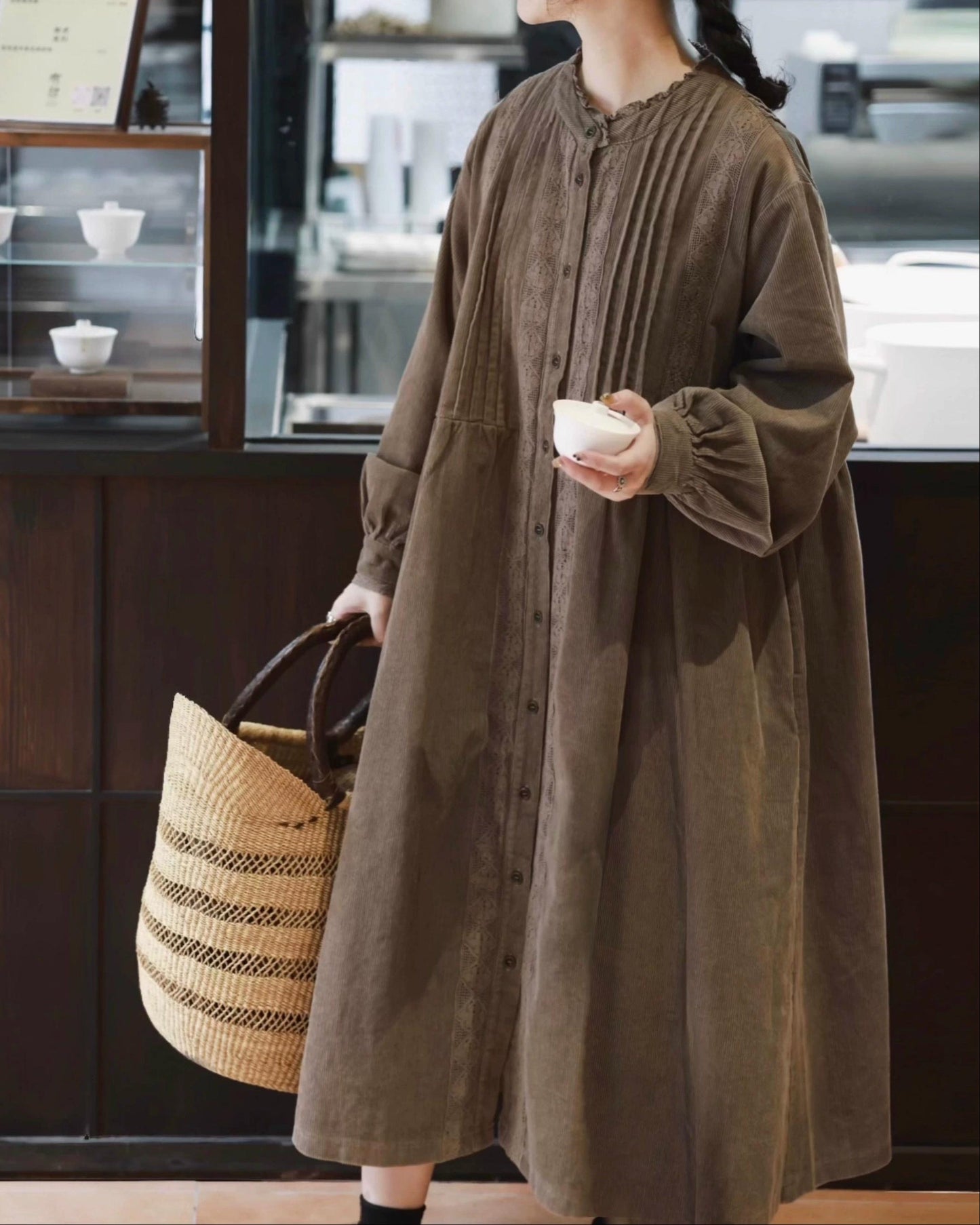 コーデュロイフレアレースワンピース 10002