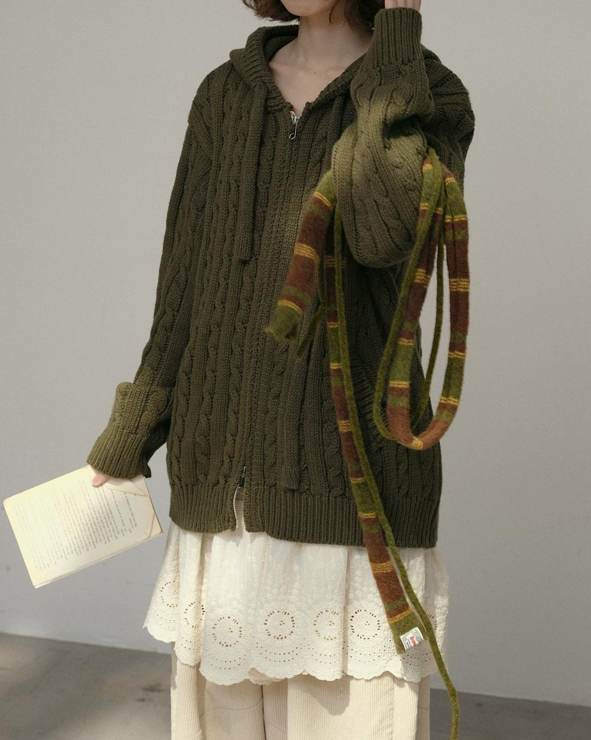 コージーケーブルフードジップカーディガン 10178