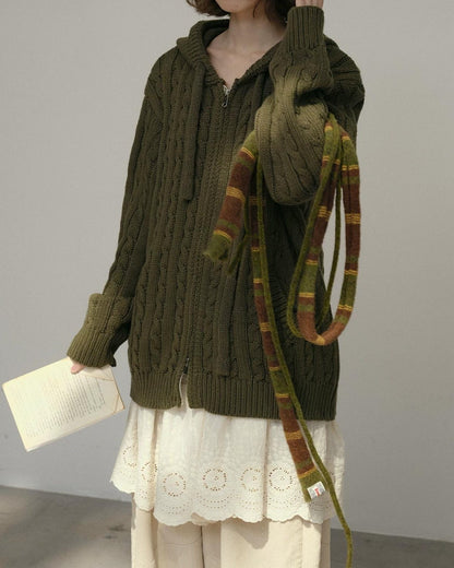コージーケーブルフードジップカーディガン 10178