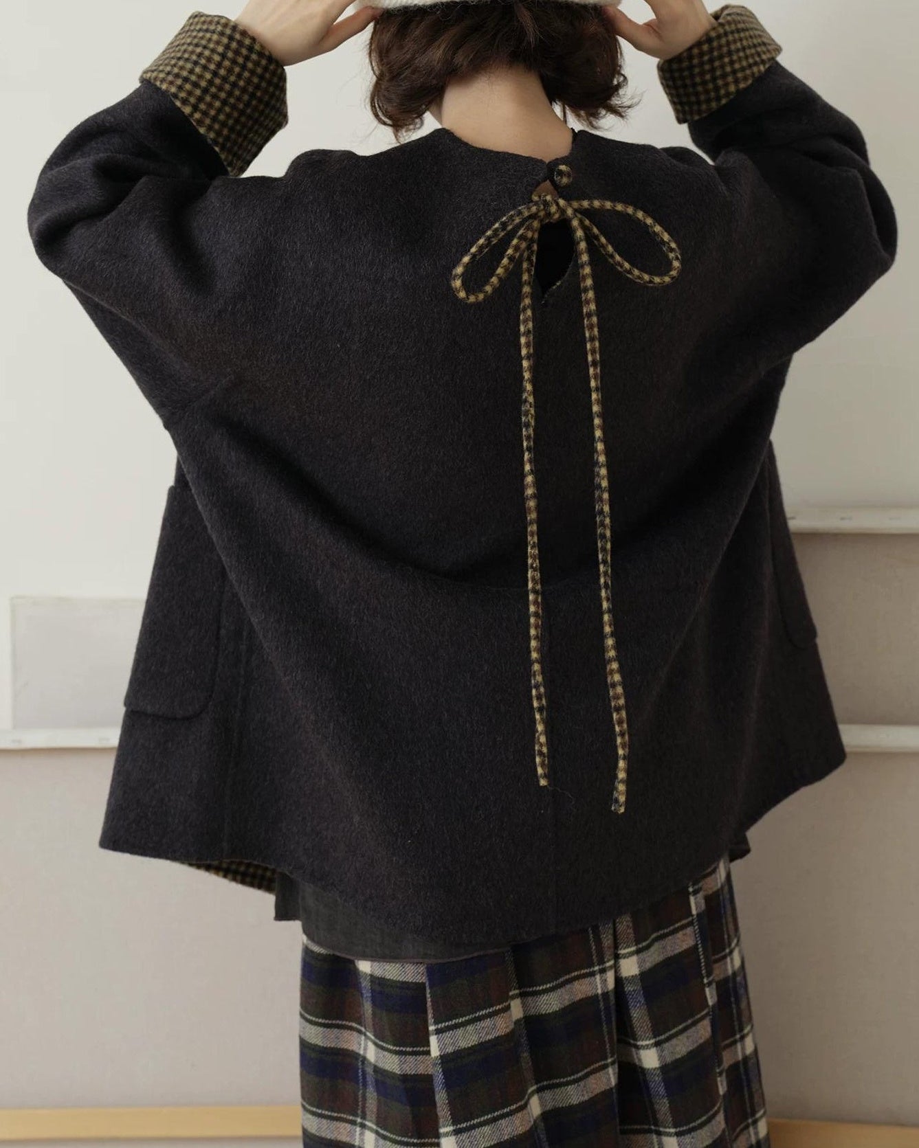 ノーカラーレトロチェックコート 10189