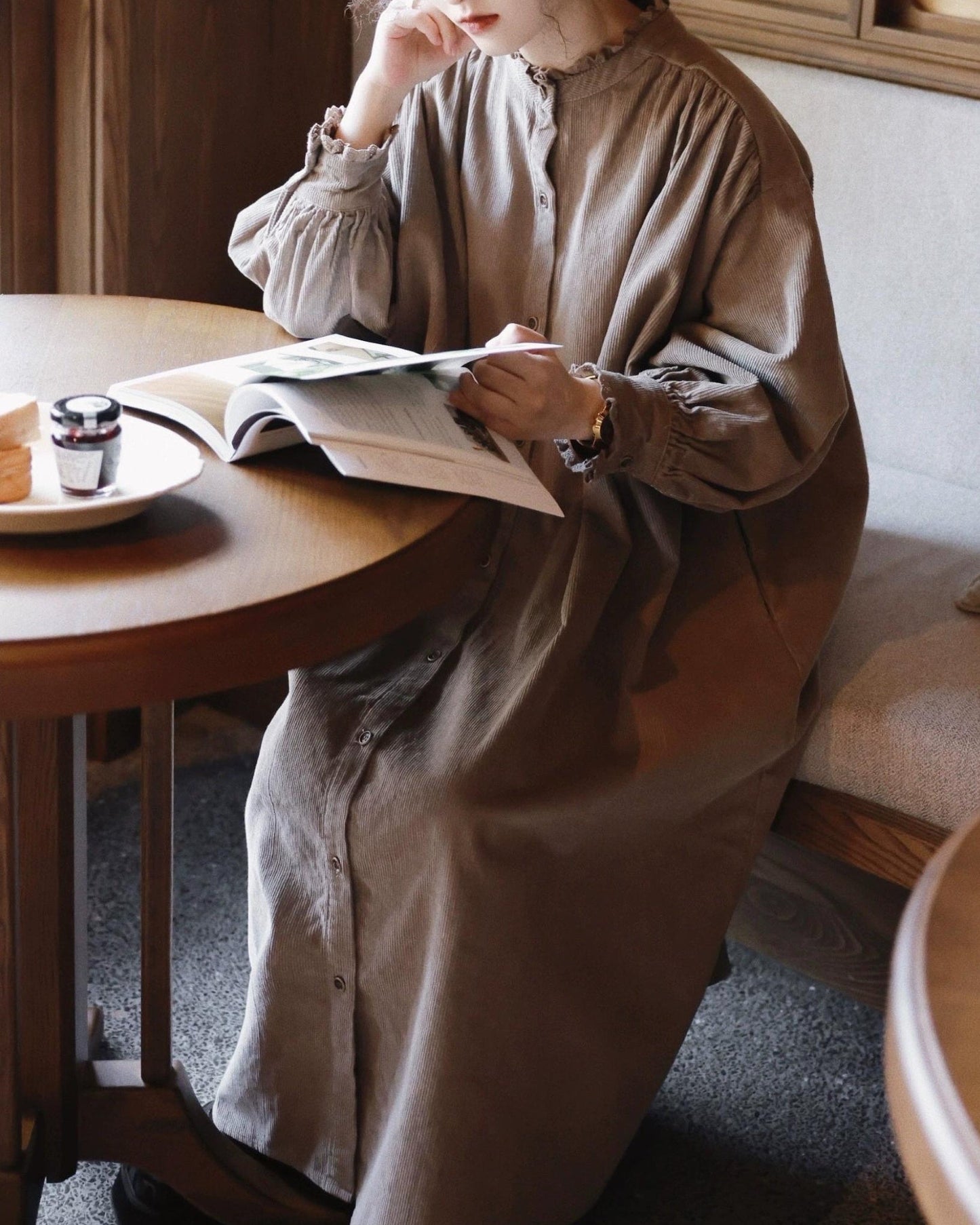 フリルネックコーデュロイシャツワンピース 10063