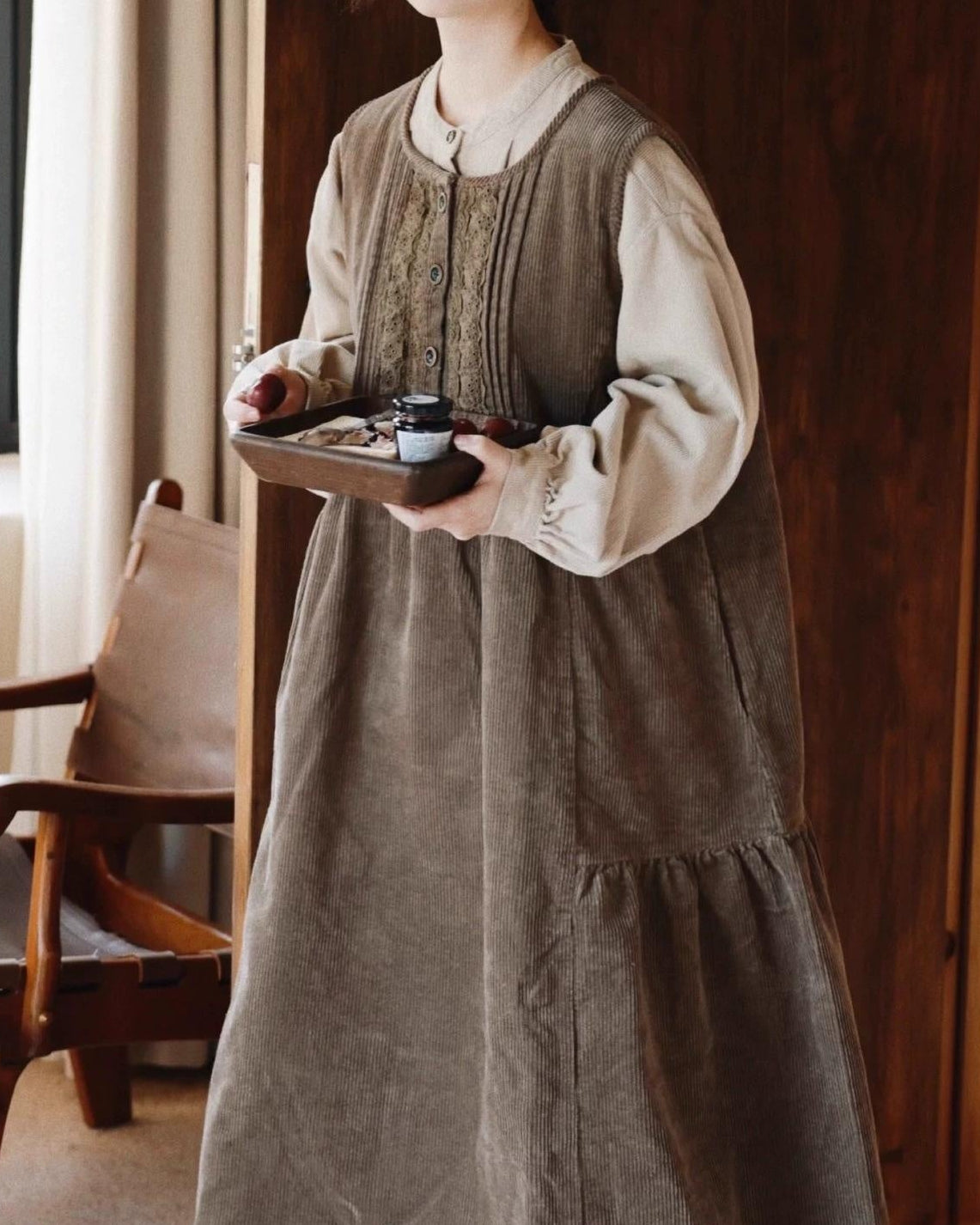 レースコーデュロイハイウエストベストワンピース 10072