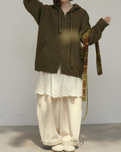 コージーケーブルフードジップカーディガン 10178