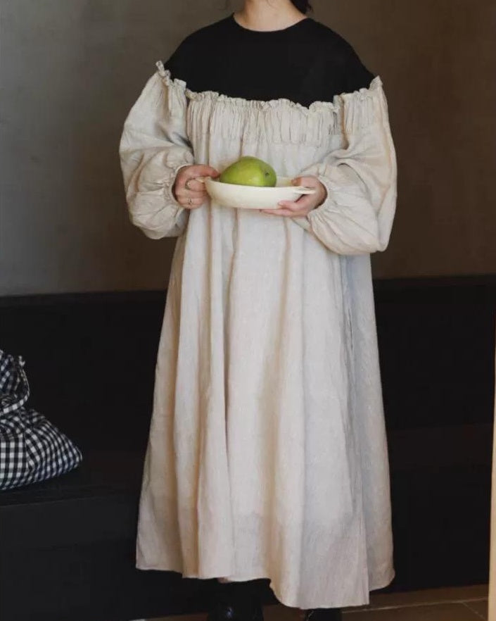 パフスリーブバイカラープリーツワンピース 10020