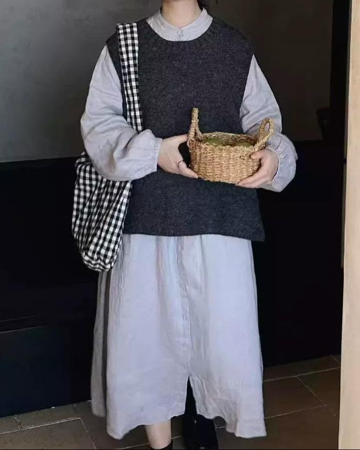 バンドカラープリーツフレアシャツワンピース 10021