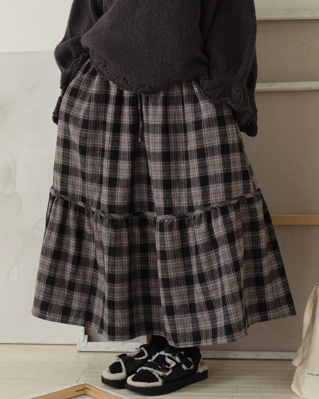 ノルディックレトロチェックフレアロングスカート 10190