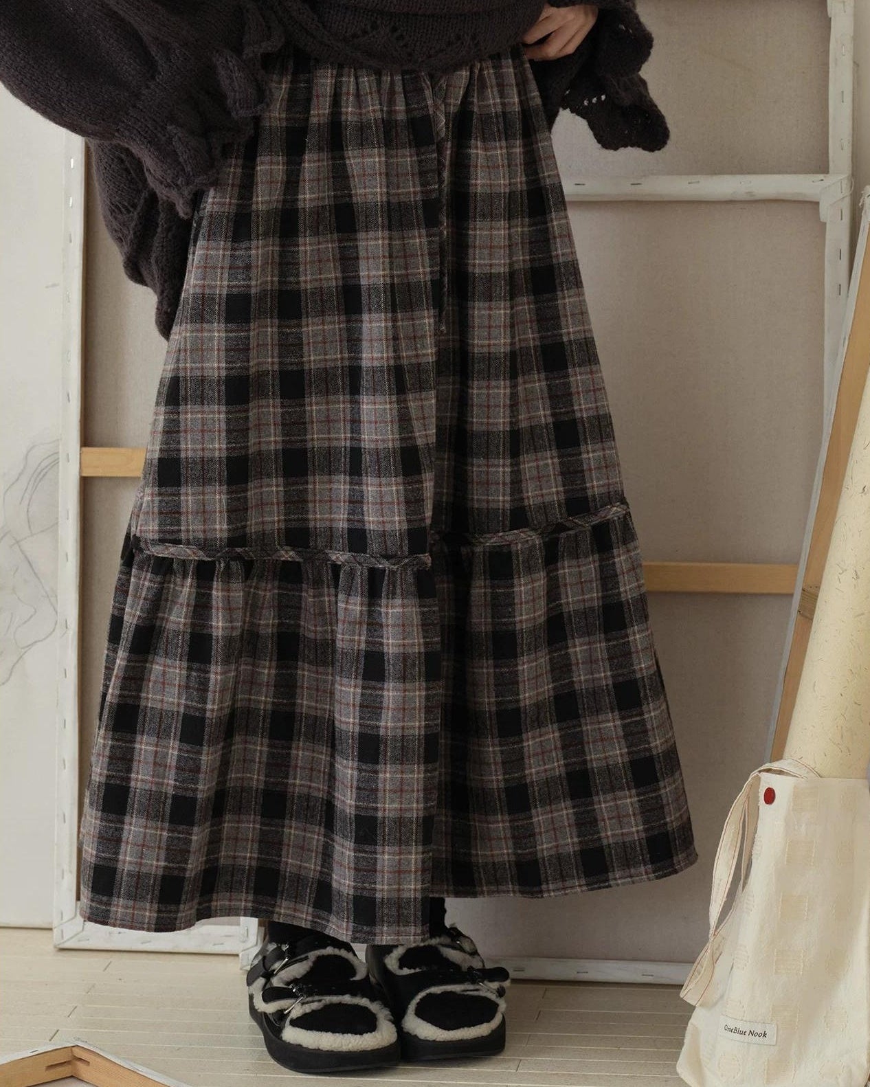 ノルディックレトロチェックフレアロングスカート 10190