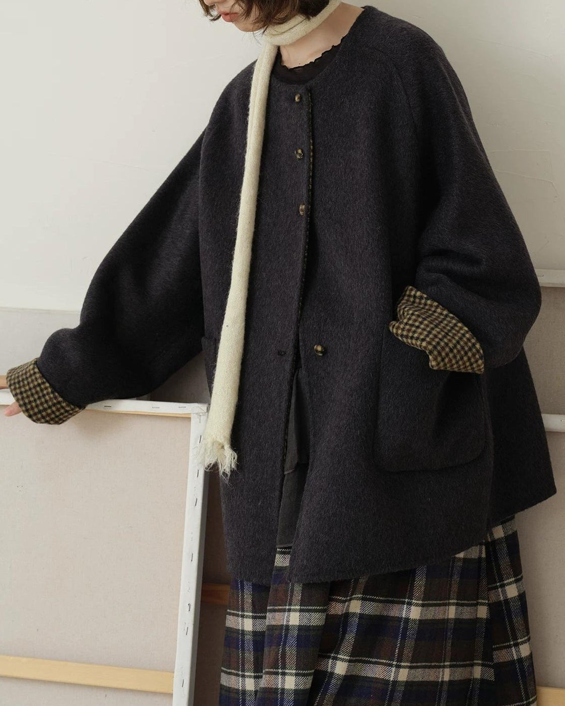 ノーカラーレトロチェックコート 10189