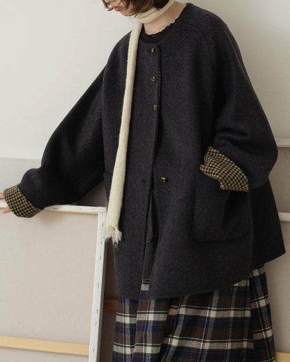 ノーカラーレトロチェックコート 10189
