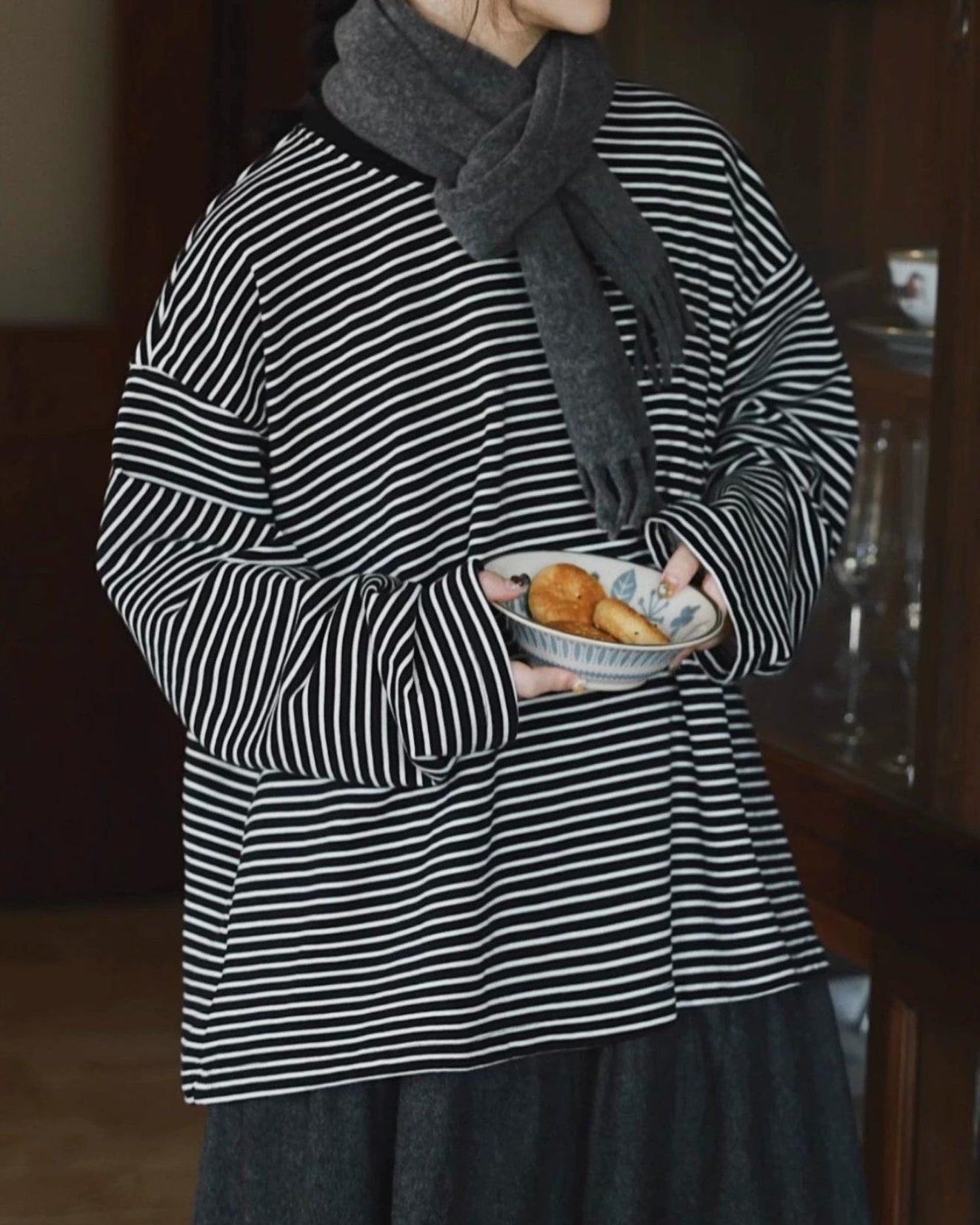 ラウンドネックストライプオーバーカットソー 10038