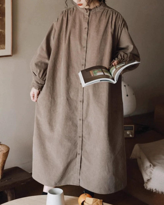 フリルネックコーデュロイシャツワンピース 10063