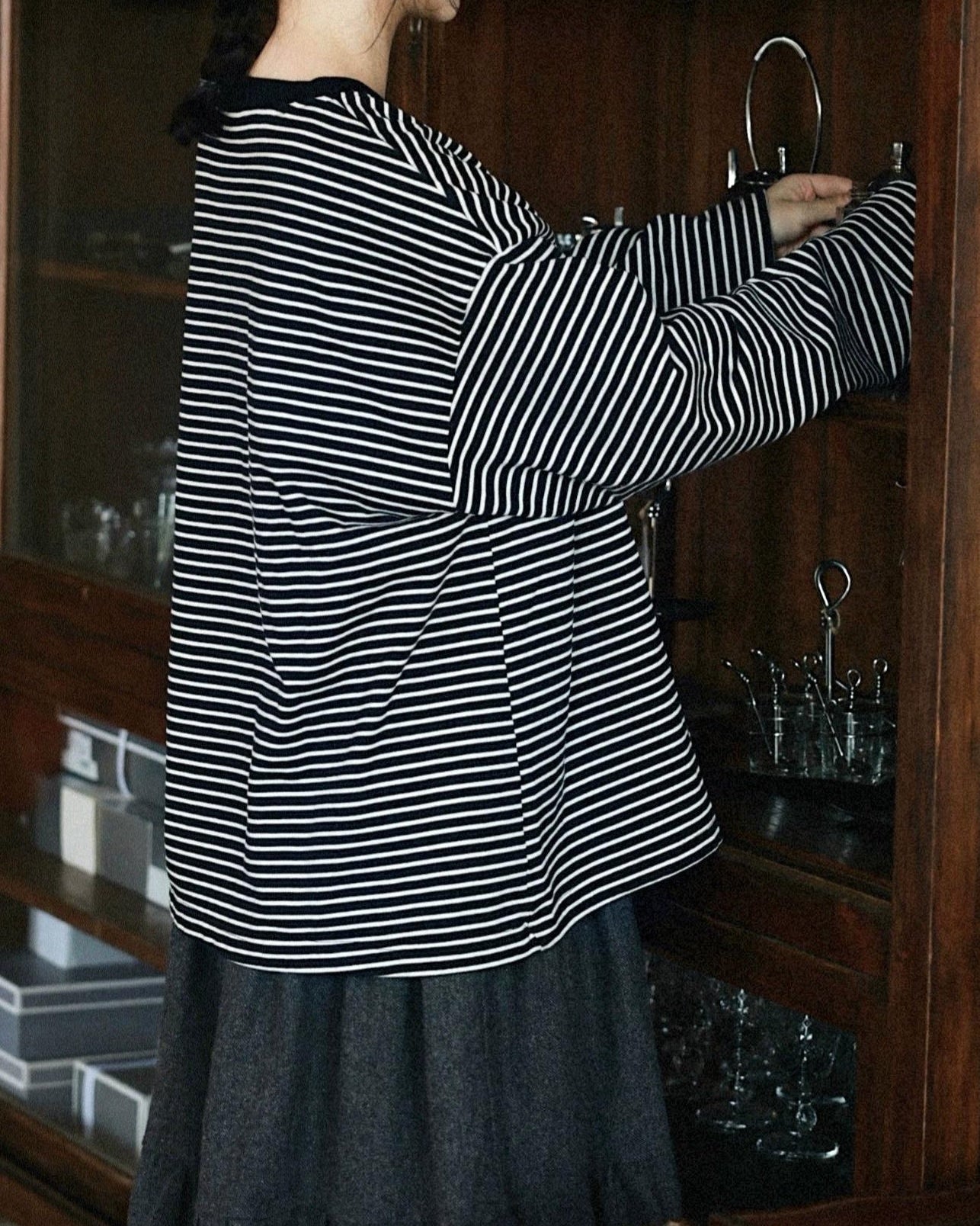 ラウンドネックストライプオーバーカットソー 10038